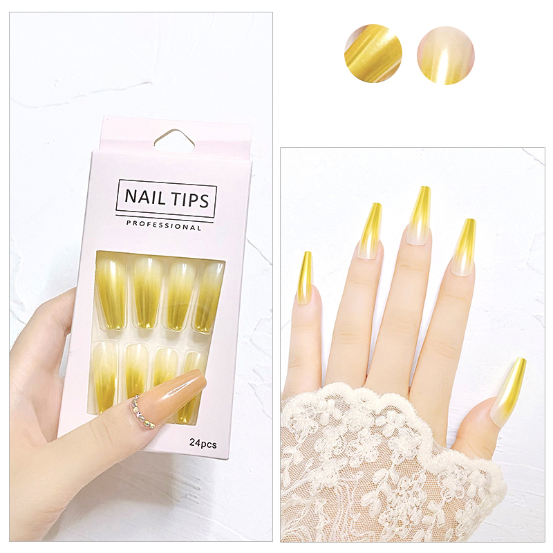 French Nail Tip Coffin Press On Nails 24pcs/Box Luxury Design Metal Gradient False Nails