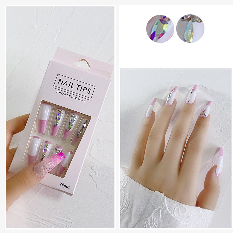 24pcs/Box French Nail Tip False Nail Wholesale Press On Nails With Rhinestones Decoration