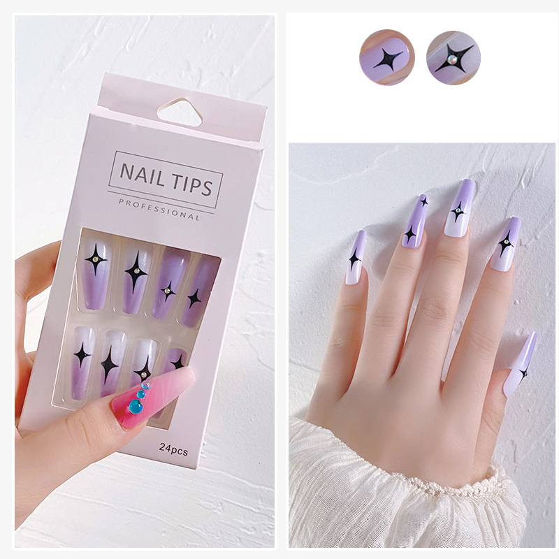 Coffin Shape Press On Nails With Rhinestones 24pcs/Box French Tips Full Cover False Nail