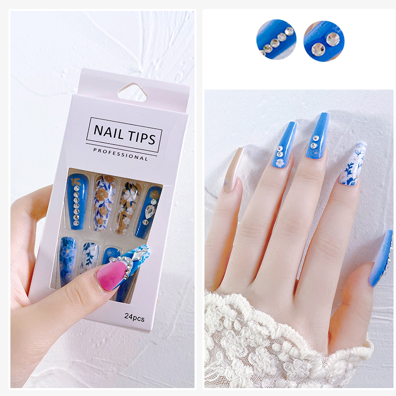 Reusable Nail Ornament Coffin Shape False Nail 24pcs/Box Press On Nails With Rhinestones